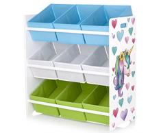 Leomark Bambini Mensola Scatole Libreria Giocattolo,Colore Bianco Mensola con Nove Scatole, Legno Tema: Unicorno
