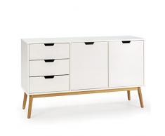 HOMN LIVING Credenza Baku 3 cassetti e 2 porte bianco, pino massiccio, 140 cm larghezza