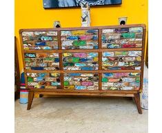 Madia etnica in legno Teak scatolata 9 cassetti con mosaico di mattoncini colorati vintage mobile porta tv buffet arredamento orientale