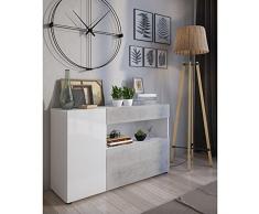 Dmora Credenza moderna a 2 ante e 1 cassetto, Madia con scaffali e ripiani, Mobile da soggiorno Porta TV, cm 130x41h81, colore Bianco Lucido e Cemento