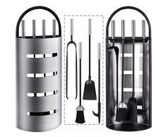 Amagabeli Set di Strumenti per Caminetti Set 4 Pezzi, Porta Attrezzi, Paletta, Pinza, Scopetta, Attizzatoio, Vetro e Acciaio Set Attrezzi per Camino