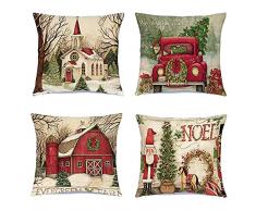 4Pezzi Cuscini Natalizi Divano 40*40 Cotone e Lino Copri Cuscini per Divano per Arredo Home Decor Regalo Di Natale Decorazioni Natalizie (Rosso)