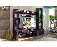 Parete Attrezzata Soggiorno Design Moderno con Mensole un Anta Specchiata un Cassetto Mobile TV Sala Nero Viola e Grigio SU28