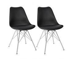 WOLTU® BH05sz-2 Sedie da Pranzo Sala Cucina Sgabello Sedia da Scrivania con Schienale Plastica Ecopelle Gambe in Acciaio Cromato Moderno Nero 2 Pezzi