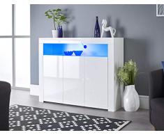 MMT Furniture Designs Ltd Credenza a 3 ante per buffet, con strisce LED, larghezza 116 cm, colore: bianco opaco e lucido, SIB-04