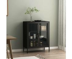 [en.casa] Comò in Acciaio con 2 Ante in Vetro Temperato Credenza per Soggiorno 101,5 x 80 x 40 cm Armadietto a Vetrata con 3 Scomparti - Nero