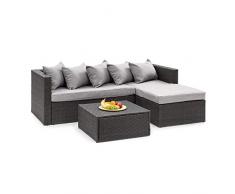 blumfeldt Theia Lounge Set - Set Mobili da Giardino, Set Angolo, Set in 2 Parti: Divano ad Angolo e Sgabello, Imbottitura 10cm, 5 Cuscini, incl Parapioggia, Federe Grigio Chiaro, Rattan: Nero