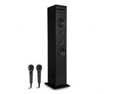 AUNA Karaboom - karaoke per bambini, kit, altoparlante a torre, lettore CD integrato, bass reflex, Bluetooth, 2 microfoni, Porta USB, Capacità MP3, AUX-IN, Nero