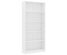 vidaXL Libreria a 5 Ripiani Scaffale Robusto Elegante Moderno Mobile Espositore Decorativo Porta Libri CD Dvd Bianca 80x24x175 cm Multistrato