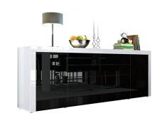 Vladon La Paz V2 Credenza, mobile con 2 ante, 2 cassetti e 2 ante a ribalta, bianco lucido/nero lucido/bianco lucido (200 x 72 x 35 cm)