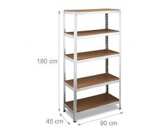 Relaxdays 10020717 Scaffale Componibile, Alluminio, Legno MDF 180x90x45 cm, Capacità di Carico 1325 kg, 5 Ripiani, Grigio