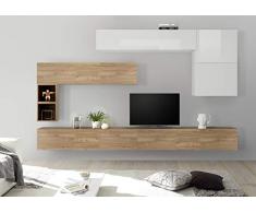 arredocasagmb Parete attrezzata Composizione Sospesa Soggiorno Moderno Bianco Lucido Noce Effetto Cemento Ossido Pensile Porta TV Over 81 (Noce Stelvio - Bianco Lucido)
