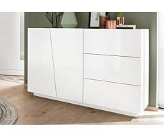 Dmora Credenza moderna a 2 ante e 3 cassetti, Made in Italy, Madia da cucina, Buffet di design da soggiorno, cm 141x43h86, colore Bianco lucido