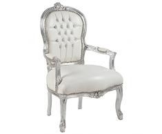Poltrona Barocco - Stile Luigi XIV° - Sedia in Mogano Argento e Eco Pelle Bianca