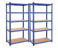 SONGMICS Set di 2 Scaffalature a 5 Ripiani, Scaffale in Acciaio, Montaggio Senza Attrezzi, Utensili, Strumenti in Garage, Magazzino, Ripostiglio, Portante 600 kg, 50 x 100 x 200 cm, Blu GLR050Q02