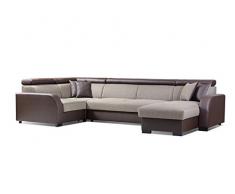 meublo grande divano angolare panoramico convertibili 6/7 posti tessuto + similpelle Cobby U, Tessuto, marrone, Canapé dangle droit