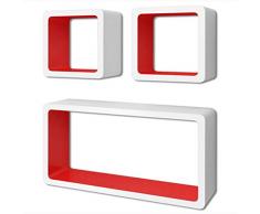 lyrlody- Set 3 Mensole da Muro a Cubo, Libreria da Parete Design Quadrato Mensola Scaffale Cubo, Bianco Opaco + Rosso, Rettangolare + Cubo, in Legno MDF