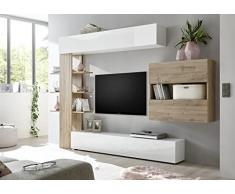 Dmora Parete attrezzata da Soggiorno Reversibile, Made in Italy, Mobile Porta TV, Set Salotto Moderno, cm 295x30h197, Colore Bianco Lucido e Rovere