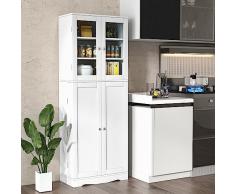 COSTWAY Credenza da Cucina, Dispensa da Cucina con Doppia Porta in Vetro Temperato, Design Antiribaltamento, Ideale per Soggiorno Sala da Pranzo e Cucina, 60x31,5x161,5 cm (Bianco)