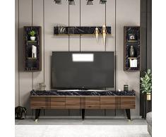 HOMIDEA KARYA Set Soggiorno - Parete Attrezzata - Mobile TV Porta con 3 Armadietti per Salotto con mensola in Moderno Design (Noce/Marmo)