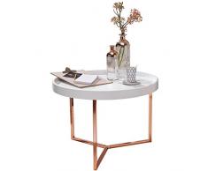 Kadima Design Tavolino da salotto Eva, 58,5 x 42 x 58,5 cm, bianco/rame, in metallo, rotondo, design retrò, moderno, con struttura in metallo, rotondo con piano in legno