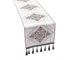 Runner da Tavola,Runner da Tavolo Ricamo Jacquard Stile Etnico Vintage Bianco Lungo Rettangolo Tavolo da Pranzo Resistente al Calore Panno per Tavolino TV Mobile Scarpa da Tavolo,34 Cm X 300 Cm