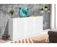 Dmora Bianco Lucido Credenza Moderna a 2 Ante e 3 cassetti, Made in Italy, Madia da Cucina con Dettaglio, Buffet di Design da Soggiorno, cm 143x44h86, Colore, Small