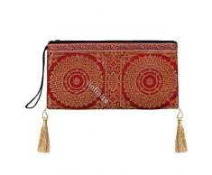 iinfinize Borsone da donna in seta broccata tradizionale borsa da donna etnico leggero supporto mobile fionda portafogli portaoggetti, rosso, piccolo, Red, Small