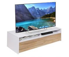 BAKAJI Mobile Mobiletto TV in Legno MDF Credenza con Base Televisione 2 Scomparti Aperti e 2 Ante Dimensione 130 x 40 x 35.5 cm Colore Bianco e Quercia Design Moderno Arredamento Casa