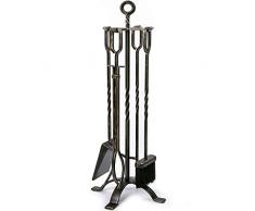 Amagabeli Set di 5 Attrezzi per Camino Set da Camino in Ferro battuto con pinze da Poker Porta Scopa e Pala Utensili da Fuoco Accessorio Rustico da Esterno Oro Nero