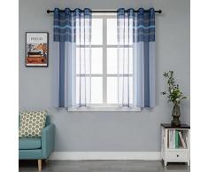 Coppia Tende Voile Semi Trasparenti a Righe Tenda per Soggiorno Camera Cameretta Cucina e Interni 2 Pannelli con Occhielli (140x138cm, Blu+Grigio)