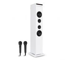 AUNA Karaboom - karaoke per bambini, kit, altoparlante a torre, lettore CD integrato, bass reflex, Bluetooth, 2 microfoni, Porta USB, Capacità MP3, AUX-IN, Bianco