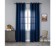 GIRASOLE HOME® Coppia Tende Blu Navy Semi Oscuranti Fantasia Stelline Argentate Tenda per Soggiorno Camera Cameretta Cucina e Interni 2 Pannelli con Occhielli (Blu Navy, 140x290cm)