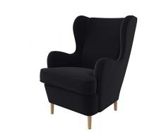 Furninero - Poltrona a orecchioni, wingback, Senza Imbottitura, Gambe arrotondate in Rovere, Majestic Velvet Black Tessuto, Easy-Clean (Facili da Pulire), Nero