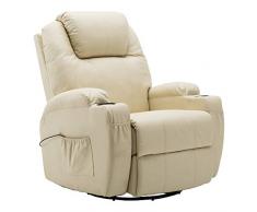 MCombo Moderno Massaggio Poltrona Reclinabile Divano Vibrante Riscaldato in Pelle PU Salotto Ergonomico 360 Gradi Girevole 7020 Bianco Crema