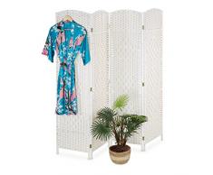 Relaxdays Paravento a 4 Pannelli, Divisore Pieghevole, HL 180x180 cm, Mix Materiali, Separé per Ambienti Interni, Bianco