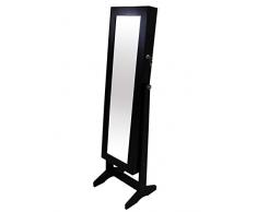 Todeco - Armadietto Gioielli Con Specchio, Organizzatore Con Specchio - Materiale: MDF - Dimensione dello specchio: 1086 x 255 x 3 mm - 120 x 38 x 9 cm, Nero, Supporto da pavimento