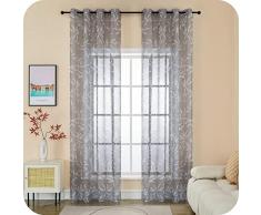 GIRASOLE HOME® Coppia Tende Filtranti Fantasia Foglie Tenda per Interni 2 Pannelli con Occhielli (Grigio Chiaro, 140x275cm)