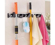 Iycorish Wall Mop Mount e Holder Broom Organizer in Lega di Alluminio Garage Storage, Wall Brush Holder, Wall Brush Holder, Soluzioni Montato 4 Posizioni 5 Ganci per scaffalature