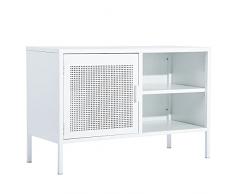 BAKAJI Mobile Mobiletto TV Televisione in Metallo Credenza con Anta + 2 Ripiani Porta Console Videogiochi DVD Design Moderno Industriale Arredamento Casa 120 x 40 x 58 cm (Bianco)