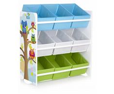 Bambini Mensola Gufo Scatole Libreria Giocattolo, Mensola con Nove Scatole, Scaffale da Bambino con raccoglitori in Legno per Libri Giocattoli