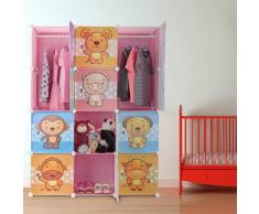 Relaxdays Scaffale Componibile per la Cameretta dei Bambini, Immagini Graziose di Animali, Ante e Bastone Appendiabiti, Rosa