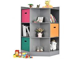 COSTWAY Scaffale Angolare, Scaffale ad Angolo con Tre Cestini Colorati e 9 Ripiani, per Casa, Soggiorno e Camera da Letto, 81x 61 x 94cm (Grigio)