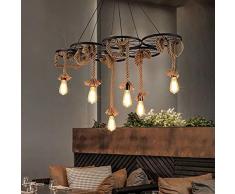 Partenopea Lampadario a sospensione con 6 corde canapa e bambù 6 ruote portalampada attacco e27 Lampada country retro arredamento rustico casa taverna bar ristorante (6 Corde)