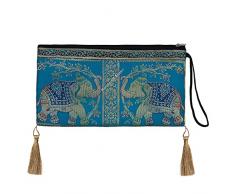 Handicraft Bazarr Borsa a mano per le donne Etnico Broccato Seta Borsa Cerniera Chiusura Messenger Portafoglio Mobile Holder Wristlet, Turchese