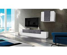 Dmora Parete attrezzata da Soggiorno modulare, Made in Italy, Base Porta TV e pensile sospeso, cm 280x45h180, Colore Bianco Lucido e Grigio Cenere