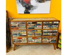 Madia etnica in legno Teak scatolata mobile 9 cassetti mosaico di mattoncini colorati vintage porta tv buffet arredamento orientale