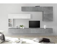 arredocasagmb Parete attrezzata Composizione Sospesa Soggiorno Moderno Bianco Lucido Noce Effetto Cemento Ossido Pensile Porta TV Over 81 (Bianco Lucido - Effetto Cemento)