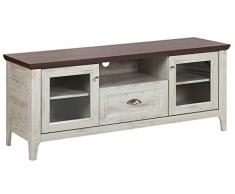 Mobile TV Bianco Crema e Legno Scuro 58 x 141 cm con Ante Vetrate Stile Retro Medan