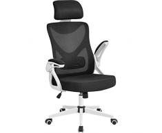 Yaheetech Sedia Ufficio Ergonomica con Braccioli Poggiatesta Regolabile Schinale Alto Reclinabile Poltrona Scrivania Girevole in Rete Traspirante con Supporto Lombare Bianca/Nera